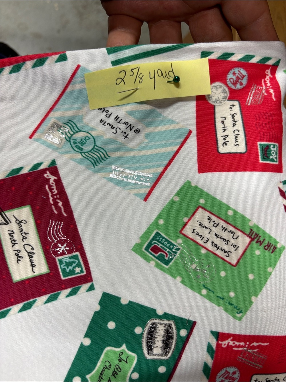 Holiday Mail Print Fabric - White with Red, Green, Teal Envelopes